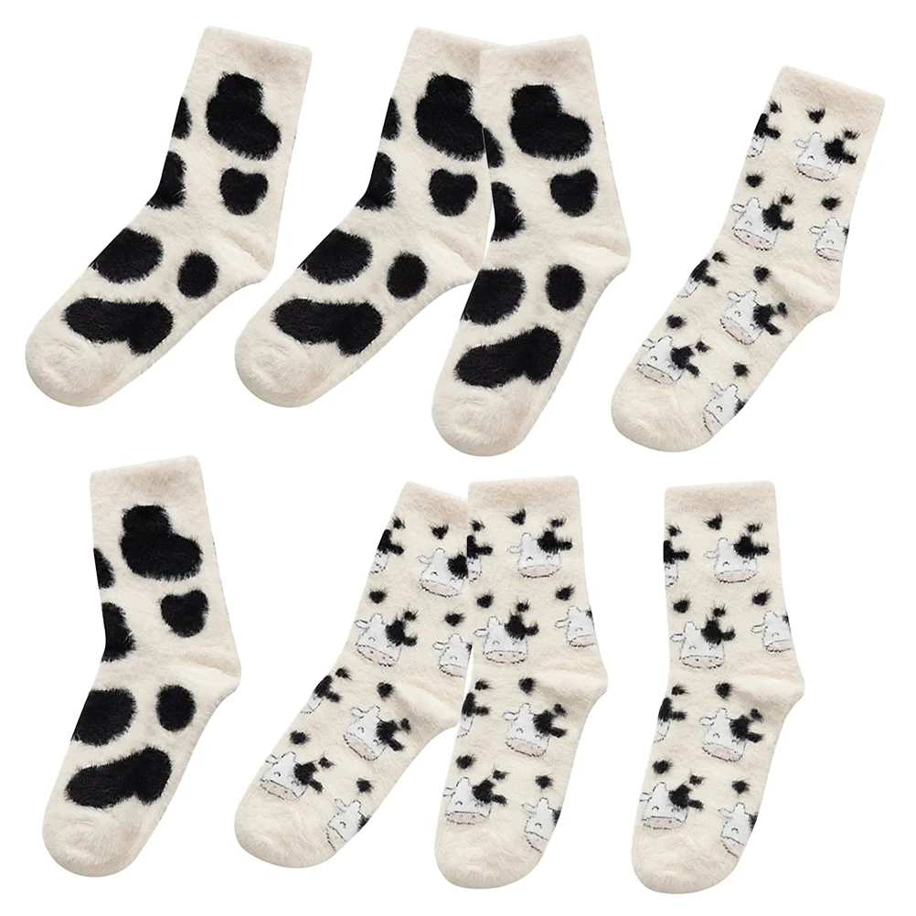 4 Pairs Cow Mid-calf Socks Print Thermal Women Slipper for Printing Crew Cute Girls