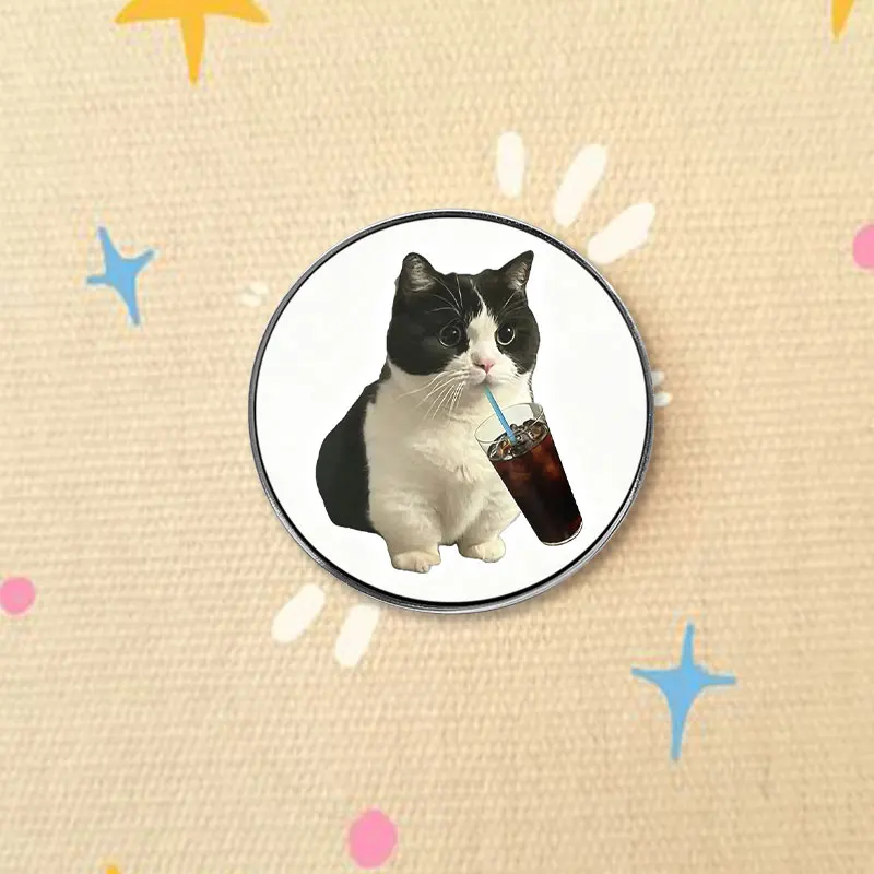 Soda Drinking Cow Cat UV Printing Badge Meme Cat With Cola Pin Cute Kitten Metal Brooch Gift For Cat Lovers