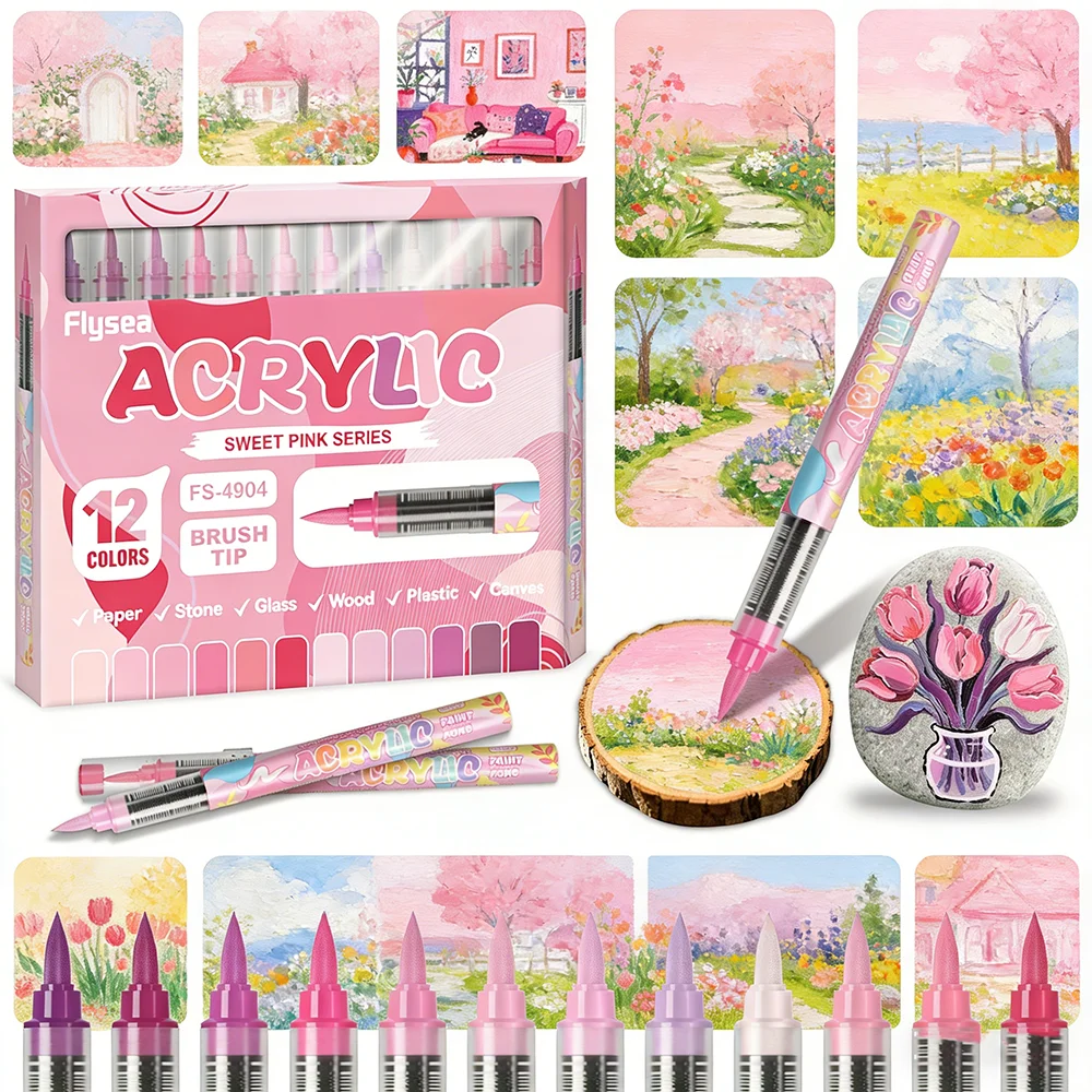 

Sweet Pink Series Acrylic Brush Markers Flexible Tip Art Paint Pens for Adult Coloring Books Rock Painting Canvas Ceramic Glass