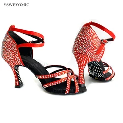 Red Satin Rhinestones Latin Dance Shoes Tango Salsa Ballroom Dance Shoes Women Wedding Shoes Ladies Indoor sandals Dance Shoes