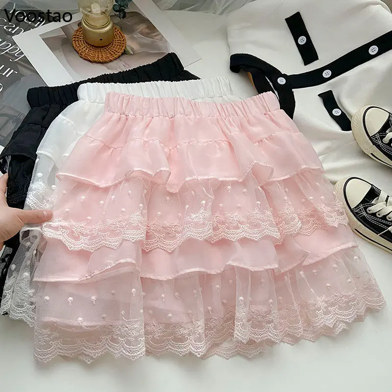 

Kawaii Lolita Style Mini Skirt Summer Girls Sweet Mesh Lace High Waist A-Line Tiered Skirts Women Elegant Cute Ruffles Skirt