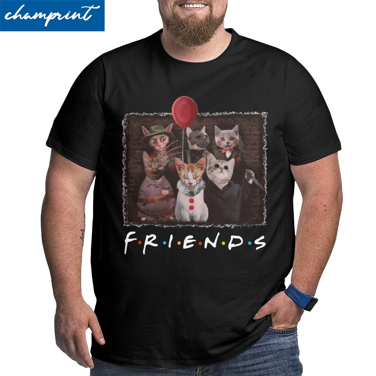 Vintage Horror Cat Squad Friends Halloween T-Shirt for Men O Neck Cotton T Shirts Big Tall Tee Shirt Oversized 4XL 5XL 6XL Tops