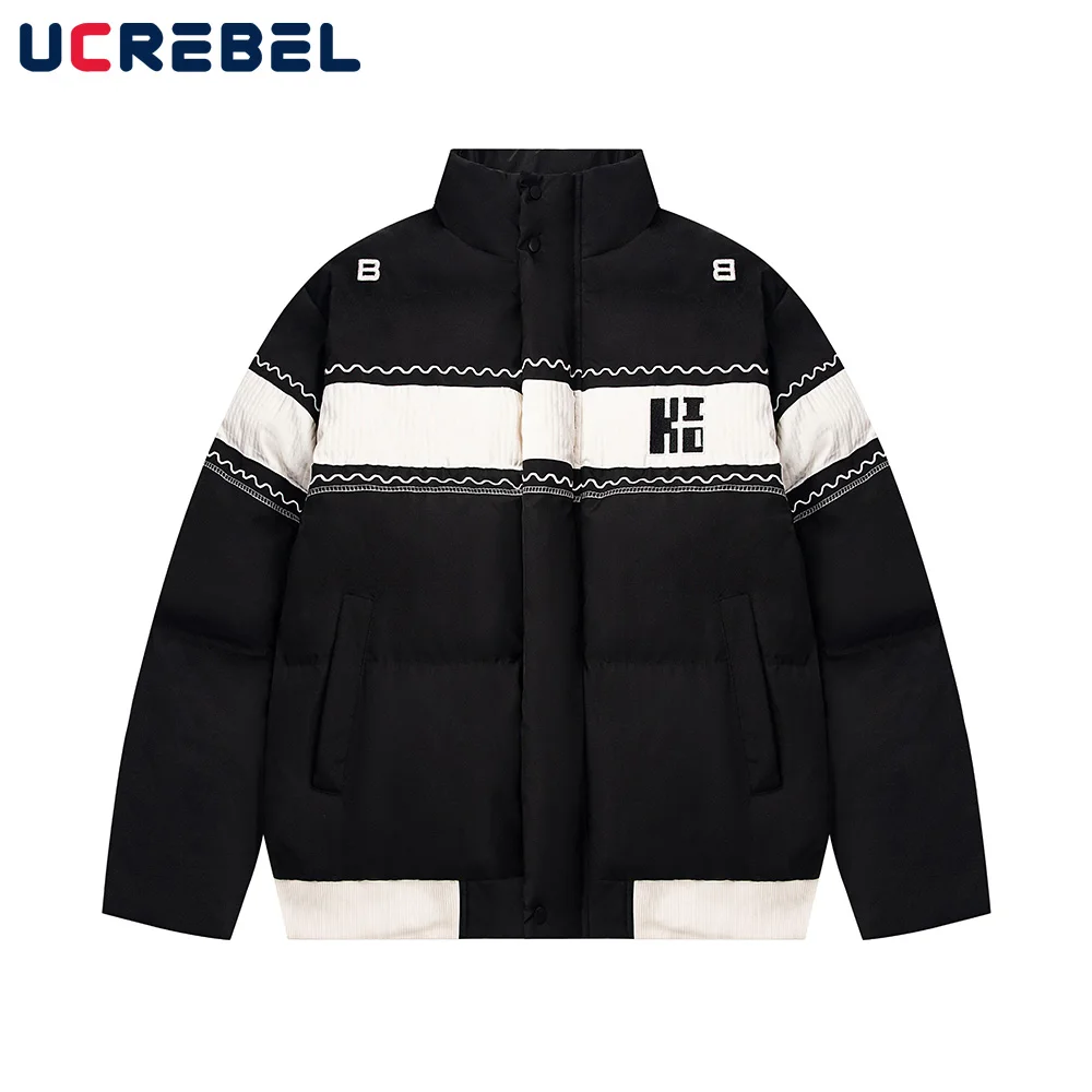 Contrast Paneled Padded Jacket Mens Letter Embroidery High Street Winter Thick Stand collar Long Sleeve Bread jacket Men