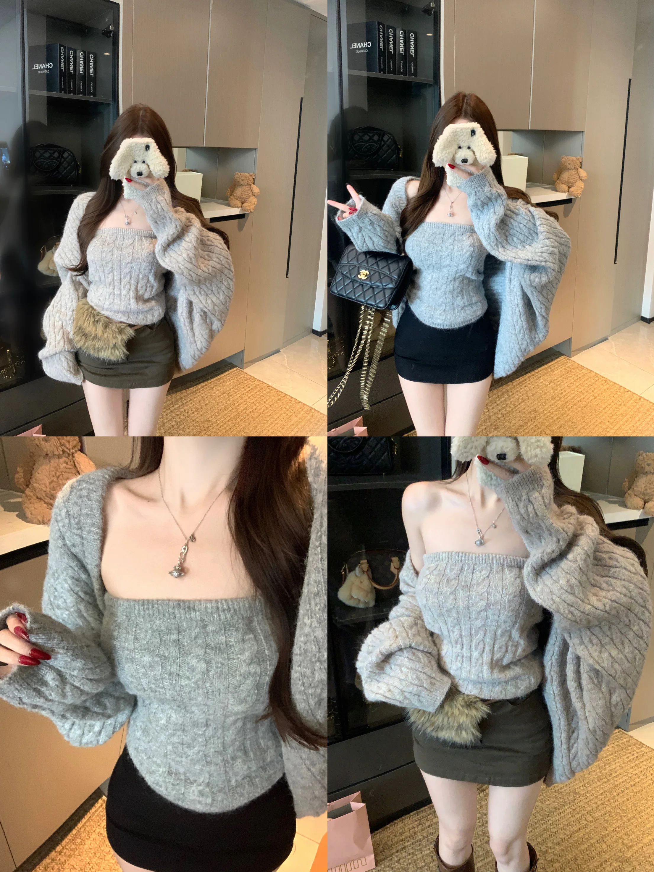 

Ladies' Knitted Sweater Jacket Batwing Sleeve Crop Top Winter Fashion Set Grey Two-Piece Knitwear Casual Commute Style