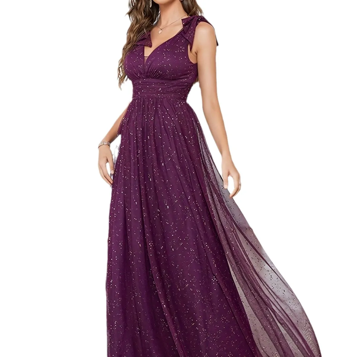 

Gold Sequins New Women's Bow Elegant V-neck Bridesmaid Formal Dress