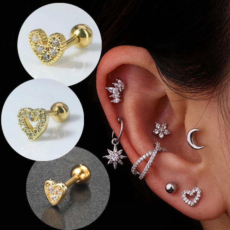 Heart Earrings for Women Dainty Helix Piercing Trend 2024 Silver Color Zircon Tragus Daith Lobe Cartilage Ear Studs Body Jewelry