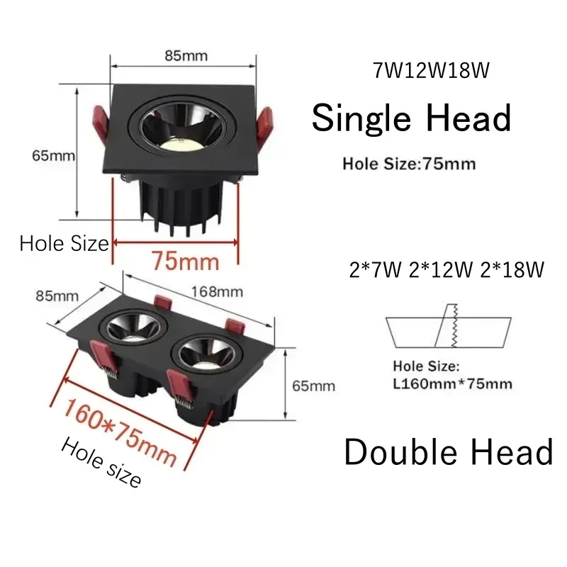 Lampada da incasso a soffitto a LED 24W 10W Faretti a LED a testa singola/doppia CREE COB Faretto da incasso antiriflesso per interni in ufficio domestico