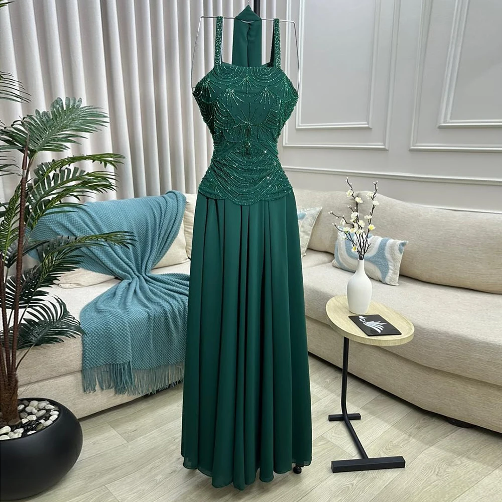 

Customized A-line Evening Dresses Floor-length Square Collar Sleeveless Prom Gown Fashion Beading Simple Stole Draped Party Gown