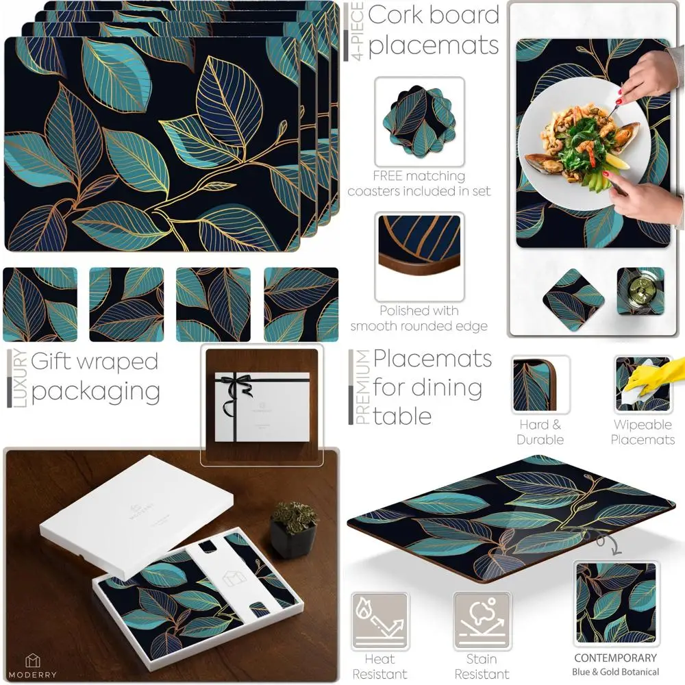 

Heat Resistant Cork Placemats Set of 4 with Matching Drink Coasters - Sage Green Marble Design for Dining Tables