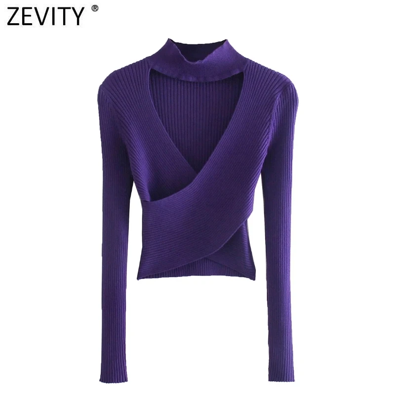 Zevity New Women Sexy Hollow Out Design Green Purple Color Short Knitted Sweater Lady Chic Long Sleeve Pullover Crop Tops SW1076