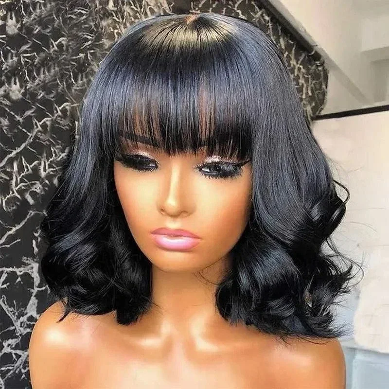 

Body Wave Bob Curly Wigs With Bangs None Lace Front Human Hair Bob Wig Cheap on Sale Short Glueless Wigs for Black Women Choice