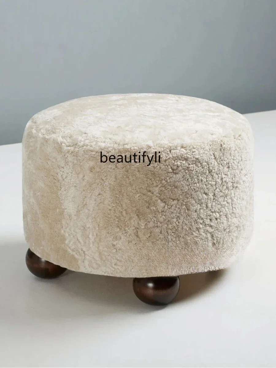 Medieval cream style lamb wool low stool French simple fabric, designer household small apartment sofa stool