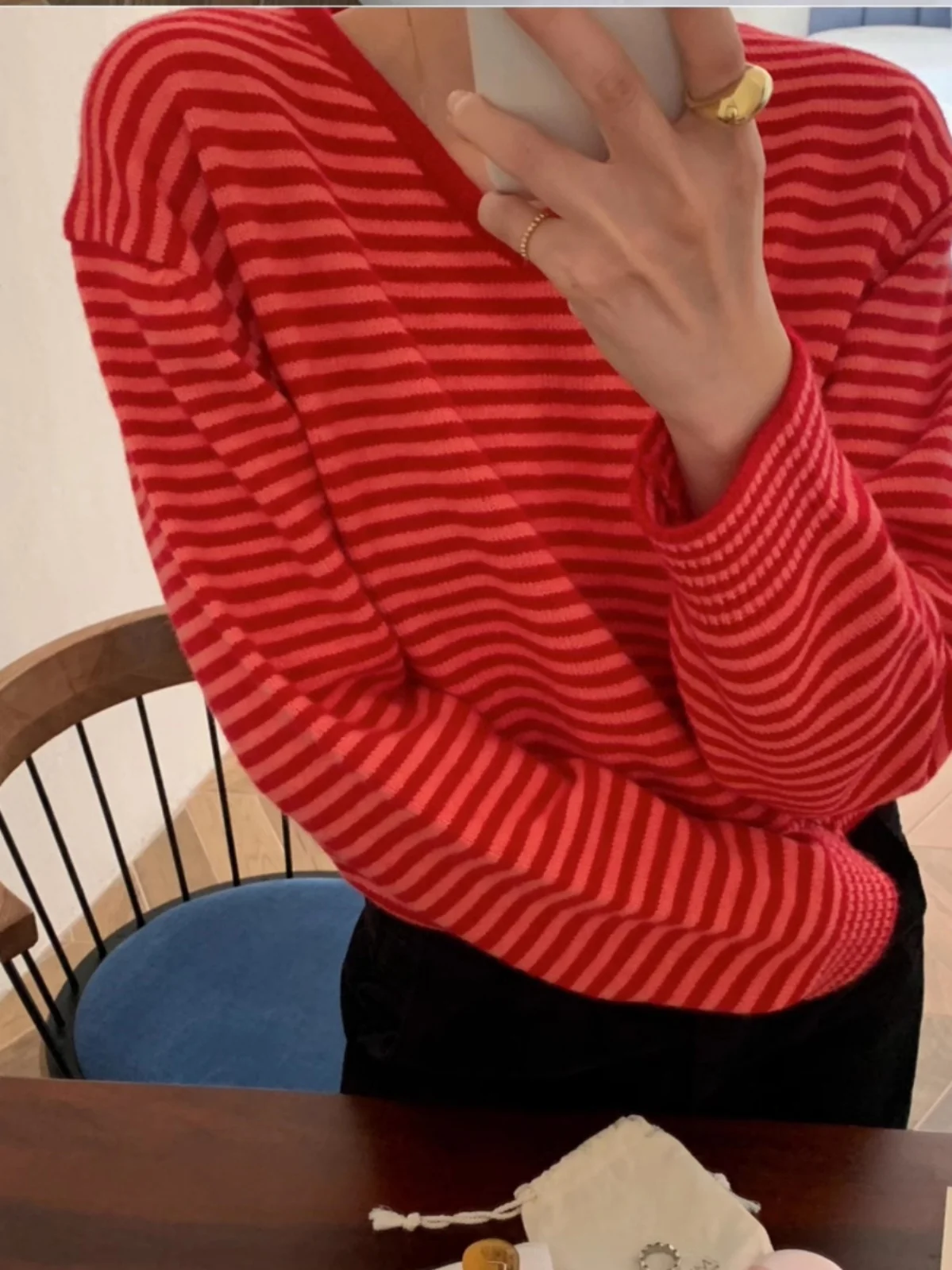 Suéter de Punto a Rayas Casual para Mujer, Cuello en V Hoado, Manga Larga, Estilo Coreano, Prenda Exterior, Cómodo, Transpi...
