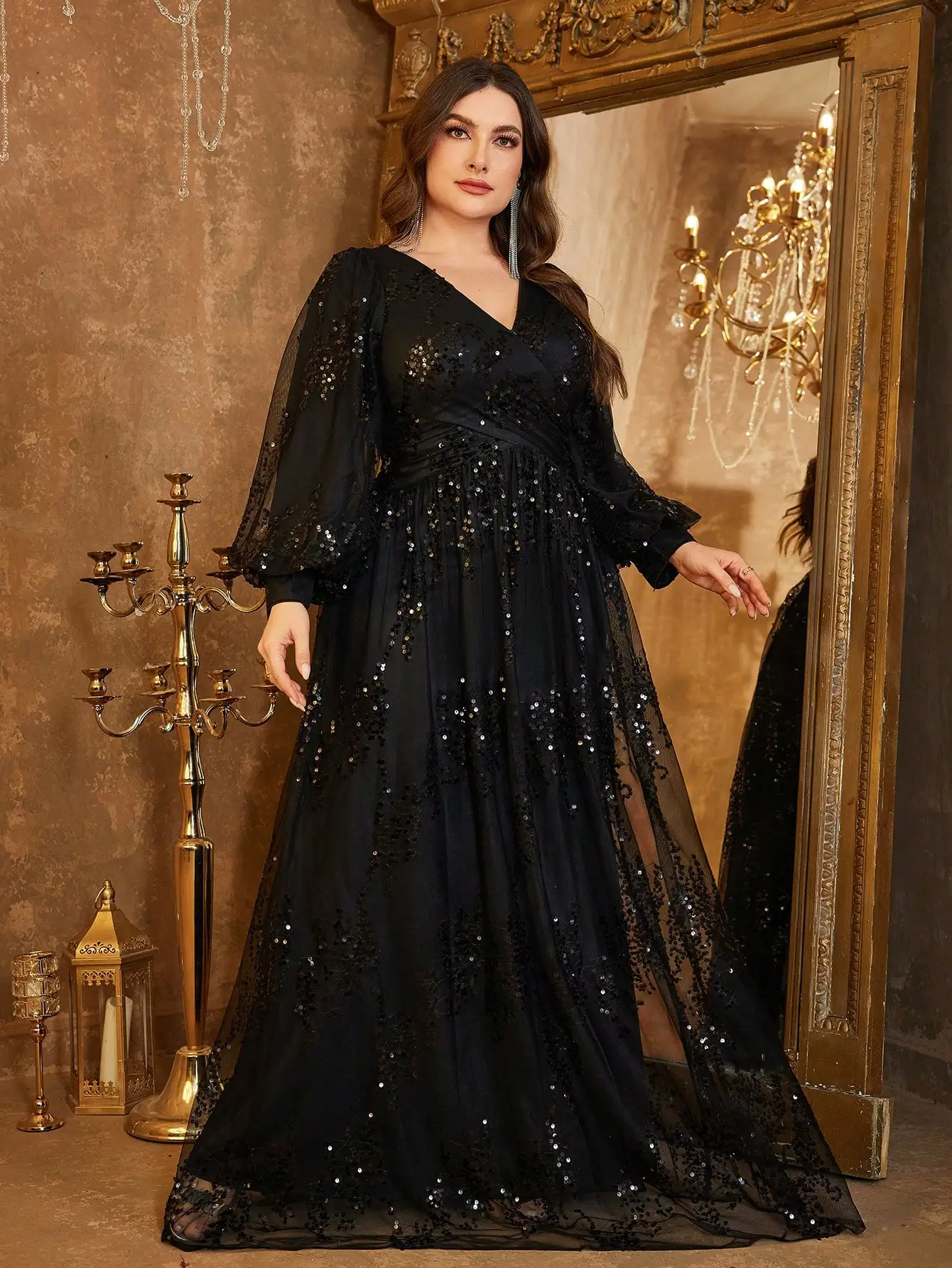 UNITHORSE [مقاس عشوائي] مقاس كبير للنساء بياقة على شكل V وأكمام واسعة ترتر مرقع أنيق فستان سهرة فورمي، فستان، لحفلات الزفاف