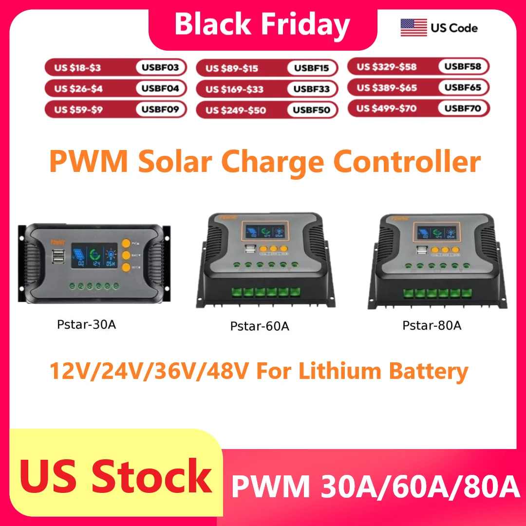 

PowMr PWM 80A/60A /30A Solar Charge Controller Float LCD Display Auto 12V 24V 36V 48V Lithium Battery Charging Controller System