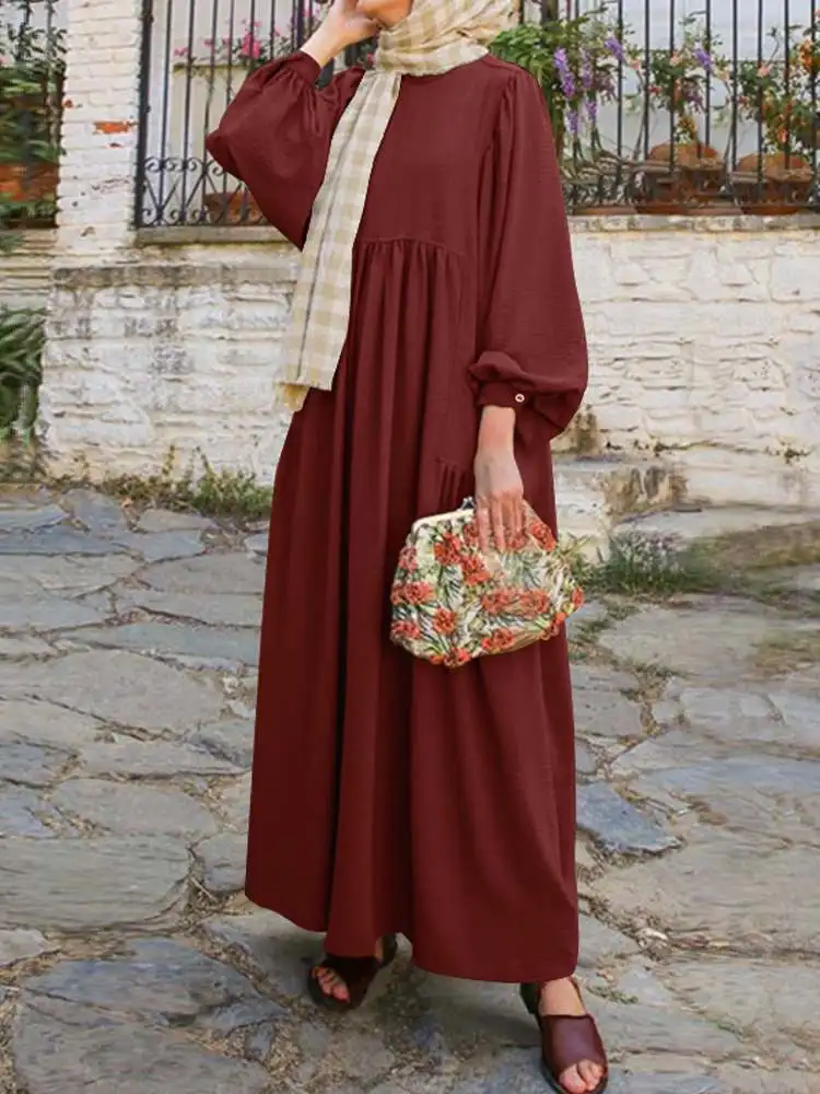 Vintage Maxi Dresses Muslim Fashion Dress Abaya ZANZEA Women Long Puff Sleeve Party Sundress Robe Turkey Hijab Vestidos Kaftan