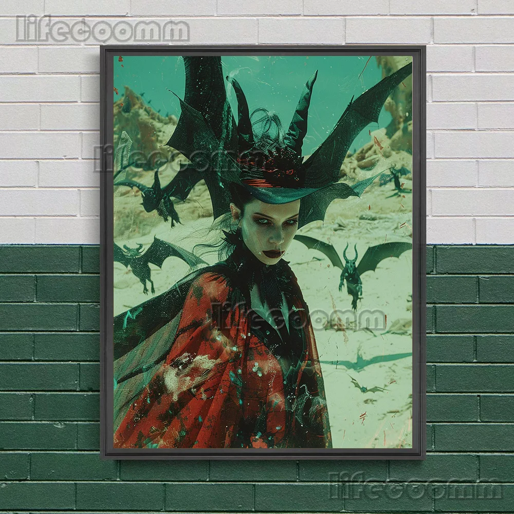The Demon Witch And The Raven Queen,Vintage Wall Art Canvas Painting,Dark Witchcraft Aesthetics,Art Poster Print,Home Decoration