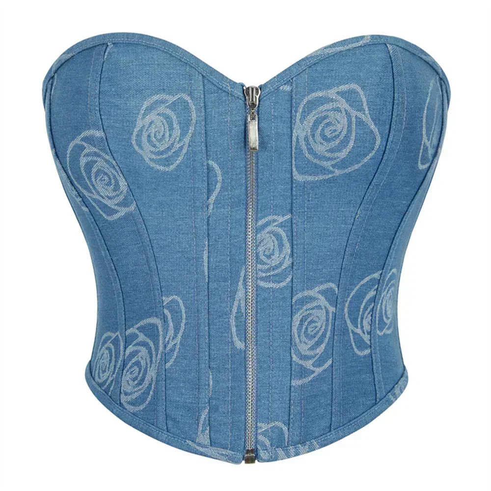 

Women Blue Korset Cowboy Short Torso Waist Trainer Corset Bustier Front Zipper Crop Tank Top Corselet