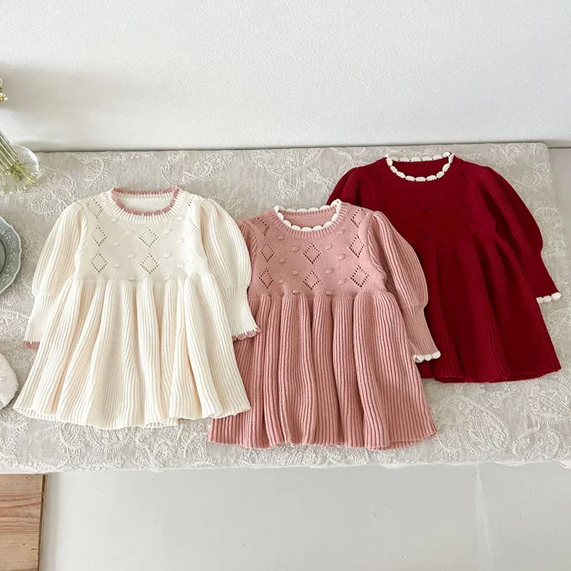 2024 New Autumn Children Knitting Clothes 0-4Yrs Baby Girl Party Dress Long Sleeved Knitted Kids Princess Dresses