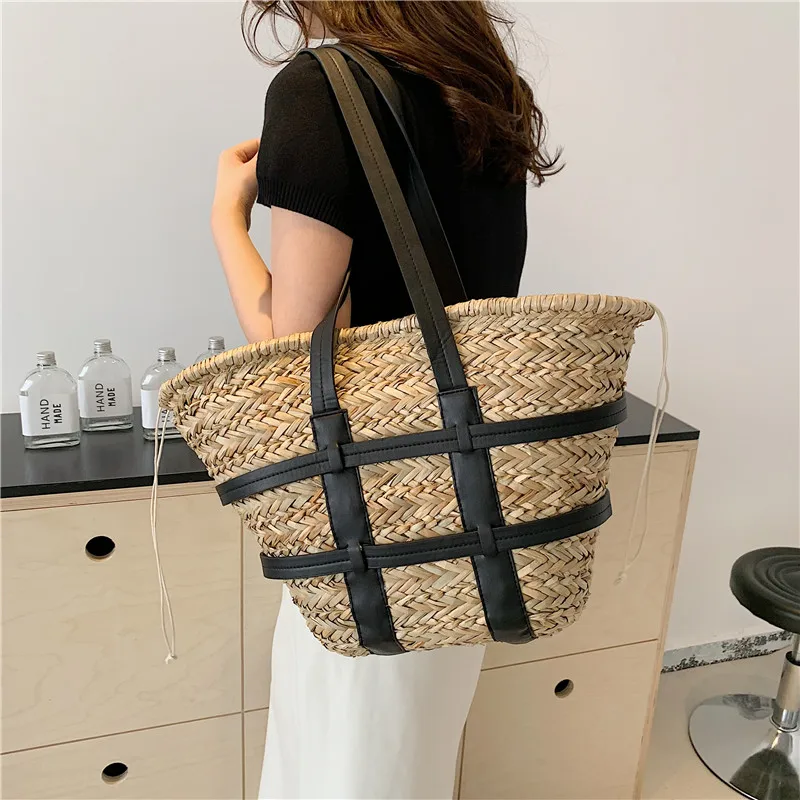 Designer Straw Shoulder Bag For Women 2024 Summer Beach Bag Fashion Hand-Woven Handbag Large Capacity Basket Shopper Tote Bag