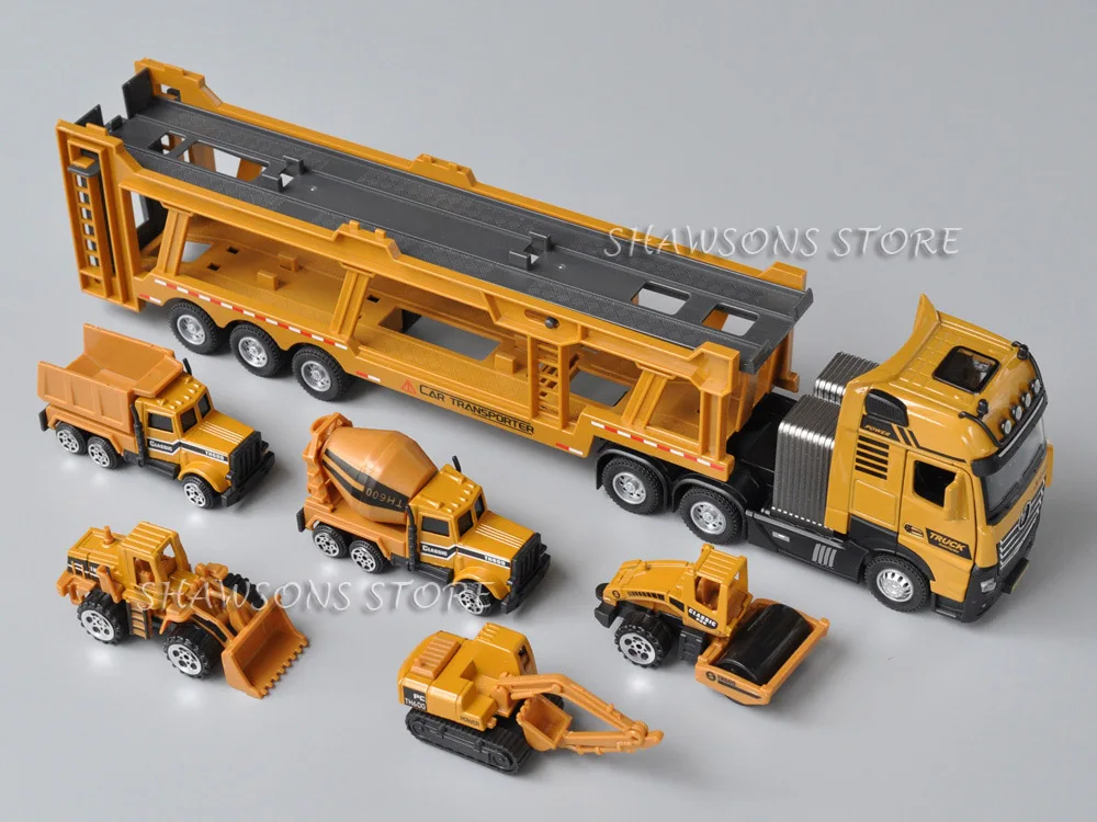 1:50 Diecast Model Truck Toy Tractor and Car Transporter Semi-Trailer With 5 Engineering Vehicles Miniature Replica Playset