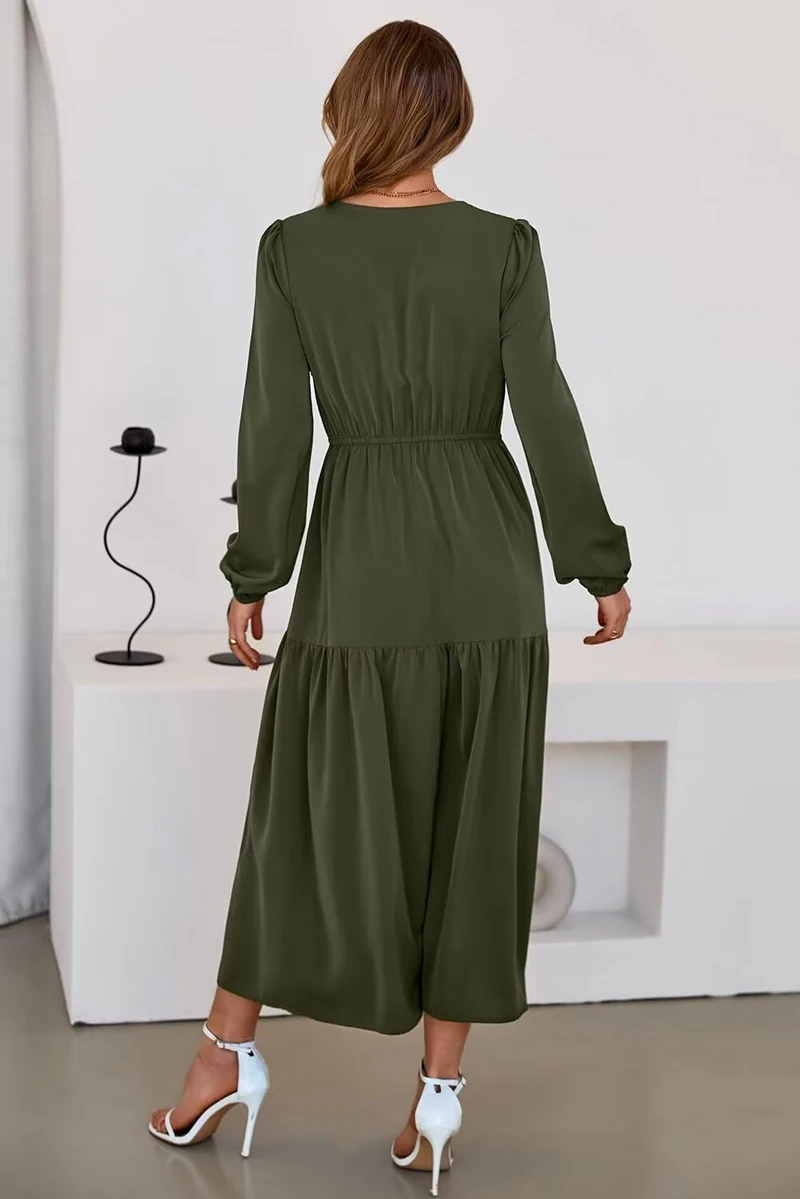 SxerxeS Fall Dresses for Women 2025 Long Sleeve V Neck Smocked Empire Waist Ruffle Tiered Casual Split Maxi Dress