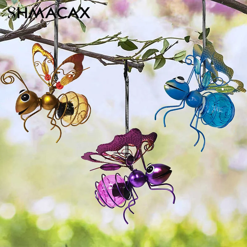 1Pc Solar-Powered Hanging Metal Insect Light Garden Decor Sculpture With Bouncy Springs Summer Outdoor Art Decorations