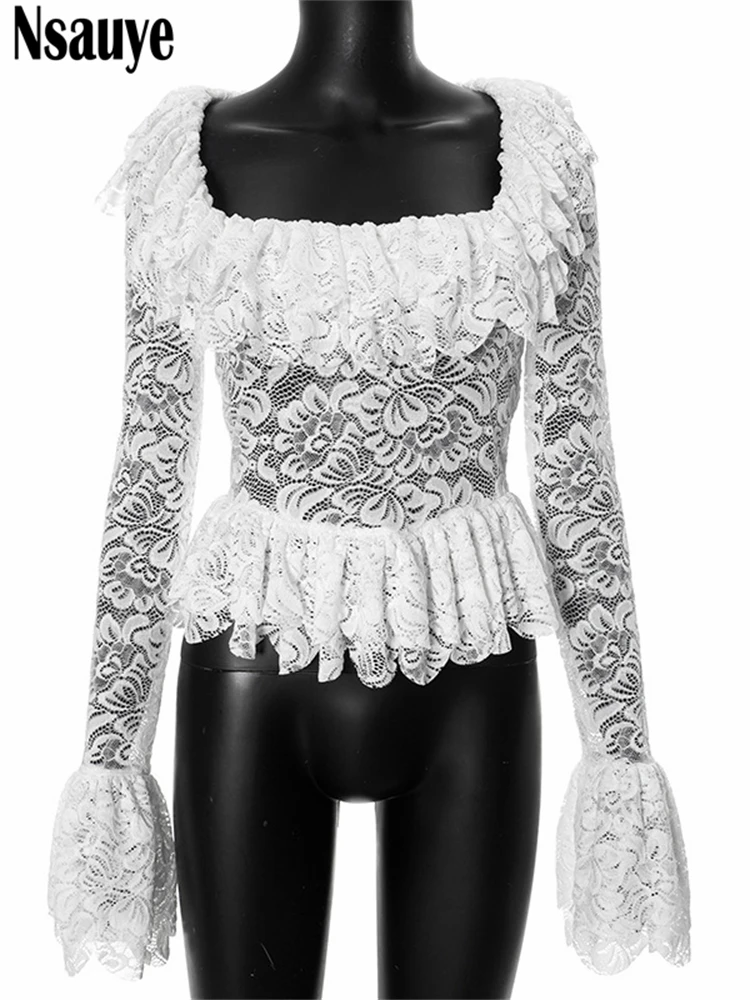 Nsauye Sexy Women Fashion Mesh Lace Hollow Out Chic Slim T Shirt Crop Tops Ruffles Club Elegant Long Sleeve Blouse Shirt 2024