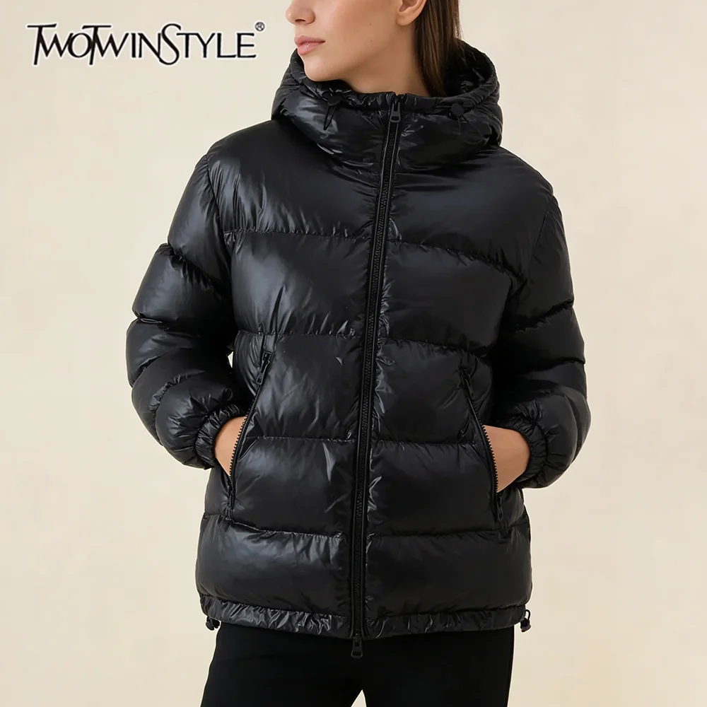 

TWOTWINSTYLE Simpel Sport Style Winter Coat for Women Hooded Collar Long Sleeve Spliced Zipper Casual Down Jacekt Female Clothes
