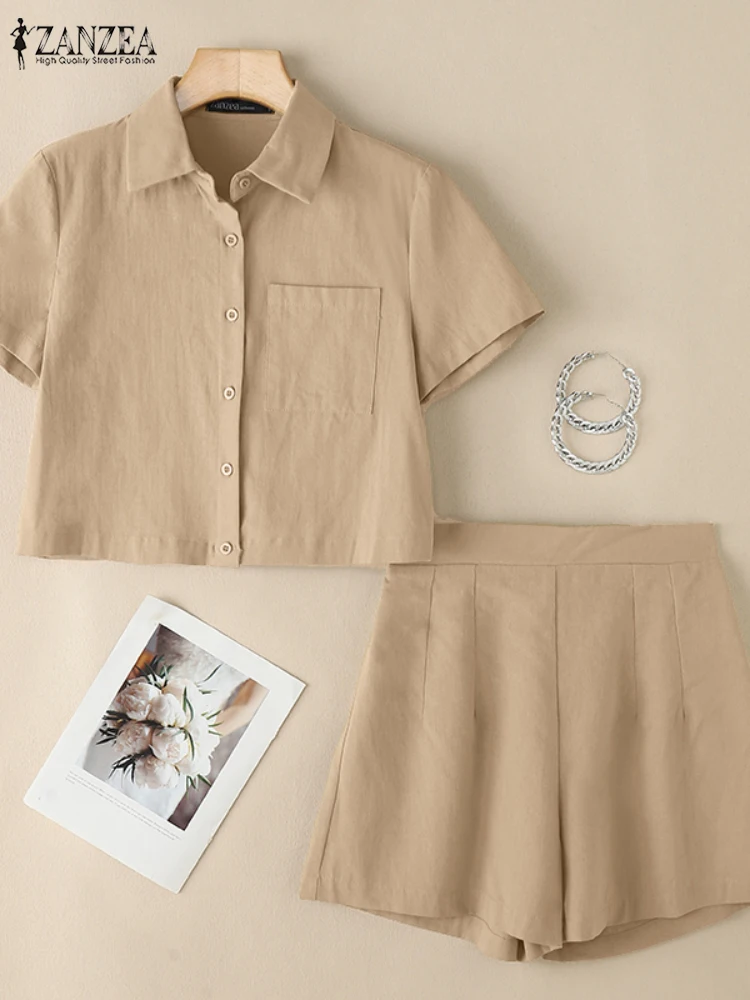

ZANZEA Women Casual 2 Piece Sets 2025 Summer Comfort Breathable Cotton Short Sleeve Shirt Elastic Waist Shorts 2PCS Outfits Suit