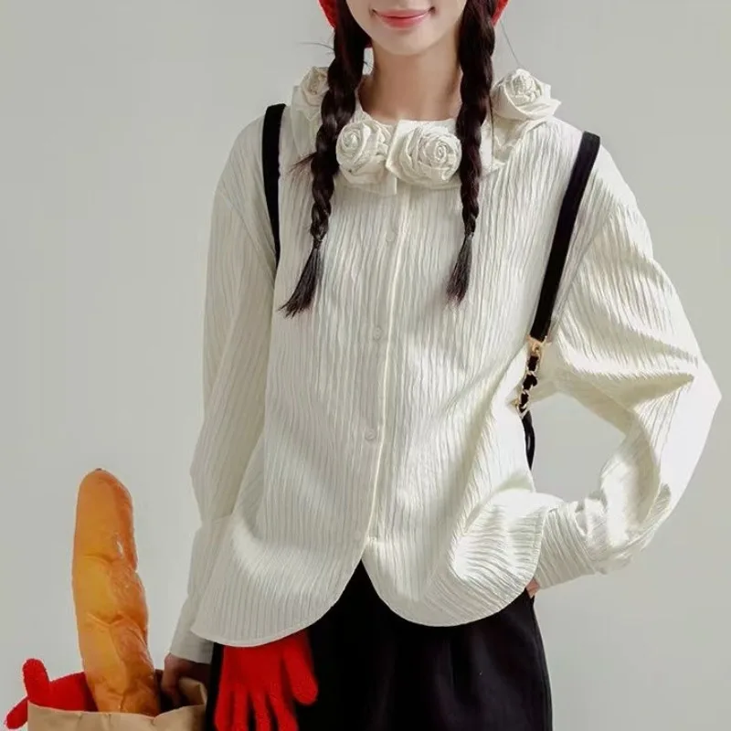 

Heavy Industry Handmade Rose Design Sense White Shirt Women's Loose Niche Shirt Long Sleeve Top Three-dimensional Decoration