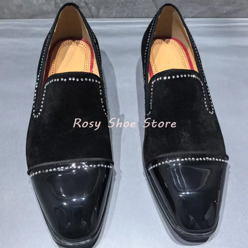Men's Black Patent Suede Splicing Diamond Embellished Loafers Trendy Men's Formal Leather Shoe Casual Business Shoe Wedding Shoe