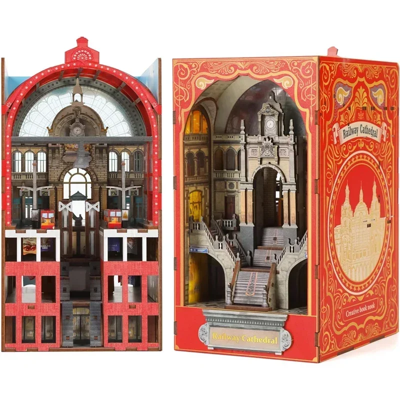 NEW DIY Miniature Building Kit Wooden Railway Cathedral Book Nook Shelf Insert Kits Bookshelf Assembled Bookends Friends Gifts
