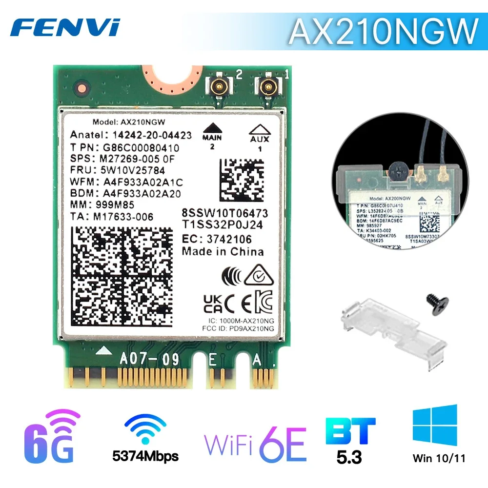 Tri Band WI-FI 6E AX210 M.2 NGFF 5374Mbps Wireless Network Card for Intel AX210NGW 2.4G/5G/6Ghz 802.11ax Bluetooth5.3 Win 10/11