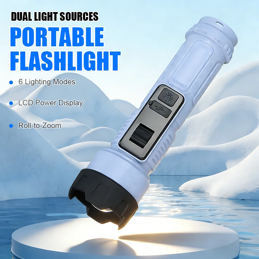 

Суперяркий светодиодный фонарик, перезаряжаемый через USB, с боковым светом, телескопический зум-фонарь, для кемпинга, походов, аварийного освещения