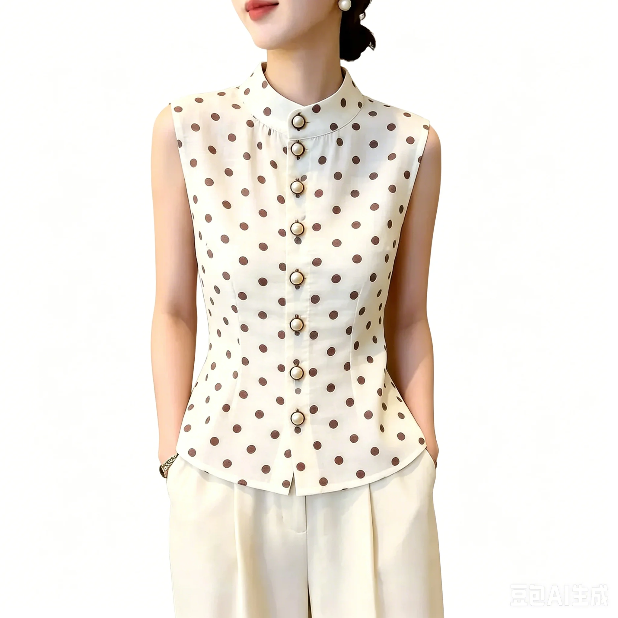 Mandarin Collar Formal Shirt Slim Fit - Mandarin-Kragen Ärmellose Polka-Dot-Bluse mit Perlenknöpfen, Tailliertes