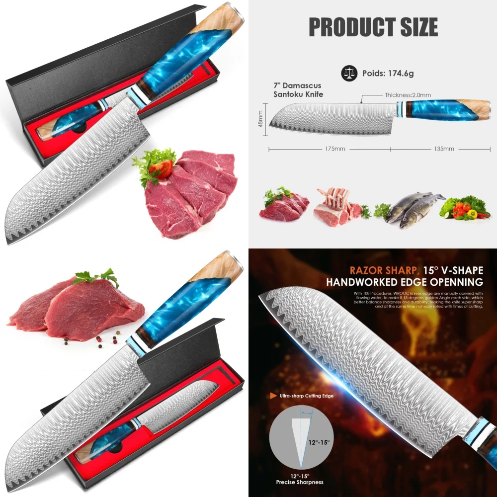 

Наборы ножей 7-дюймовый нож Santoku с лезвием из дамасской стали VG10, идеально подходящий для повара и домашнего курятника в подарочной упаковке