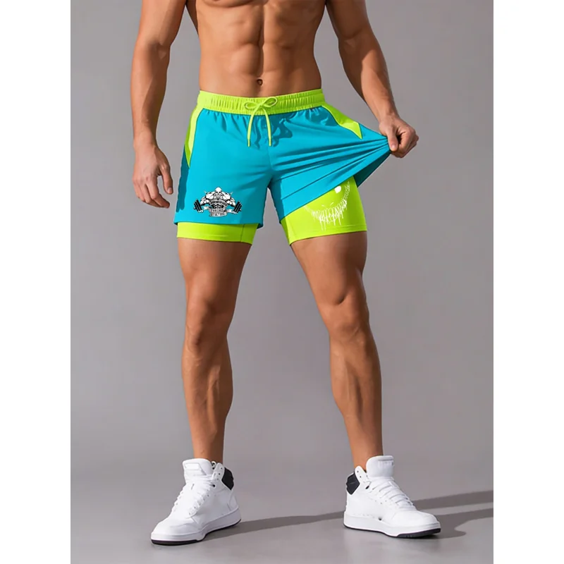 Men'S 2-In-1 Look Double Layer Printed Sports Shorts For Indoor/Outdoor Use Color Block Multi-Pocket Gym Running Outdoor Shorts