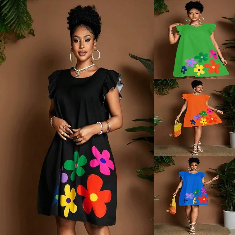 Round Neck Printed Dress Flying Sleeves
