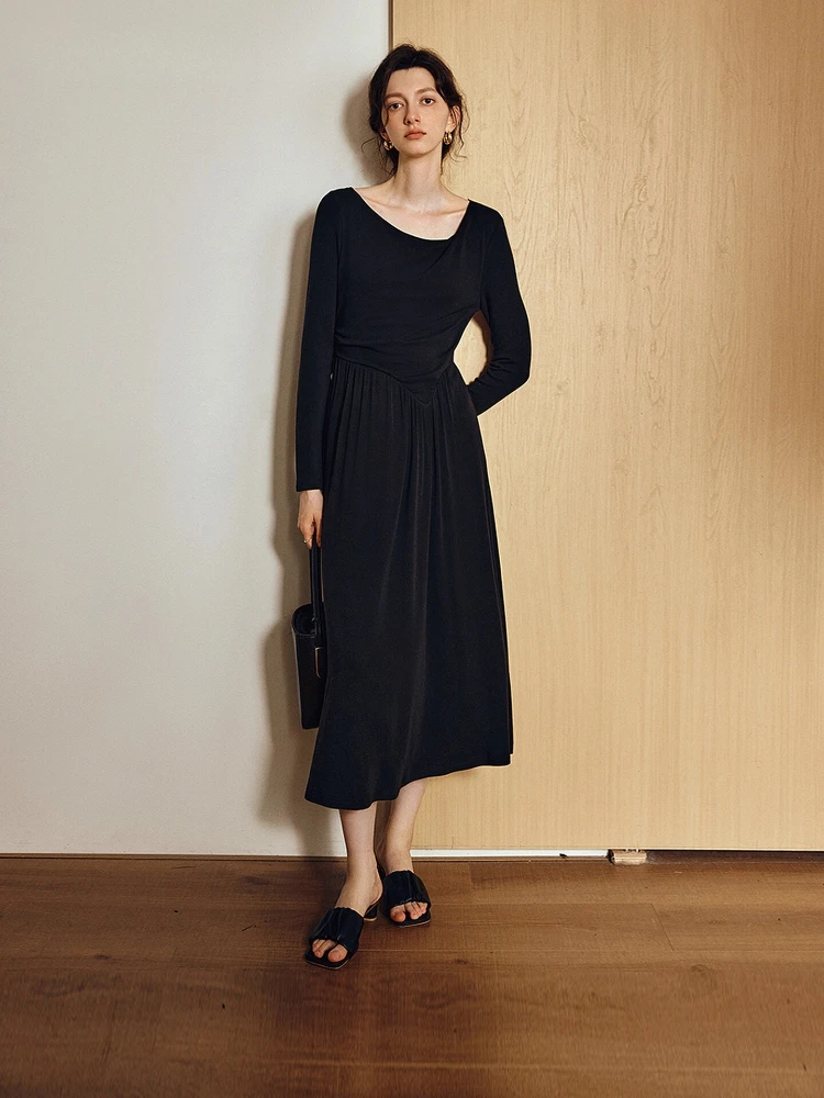 

OLrain Elegant Knitted Dress for Woman 2025 Autumn Irregular Collar Long Sleeve Long Dress Slim French Commute Dress O57QL001092