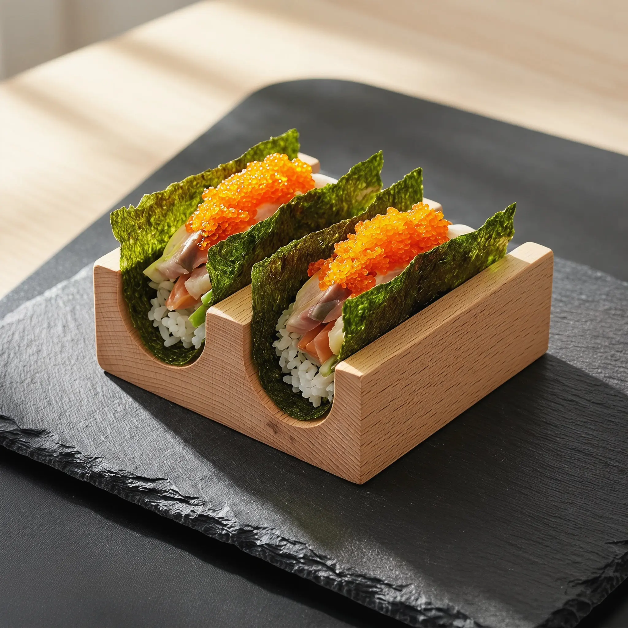 Wooden Sushi Holder Hand Roll 2-Grid U Shape Sushi Rack Taco Stand Serving Tray Reusable Food Display Plate Wooden Serving Tray