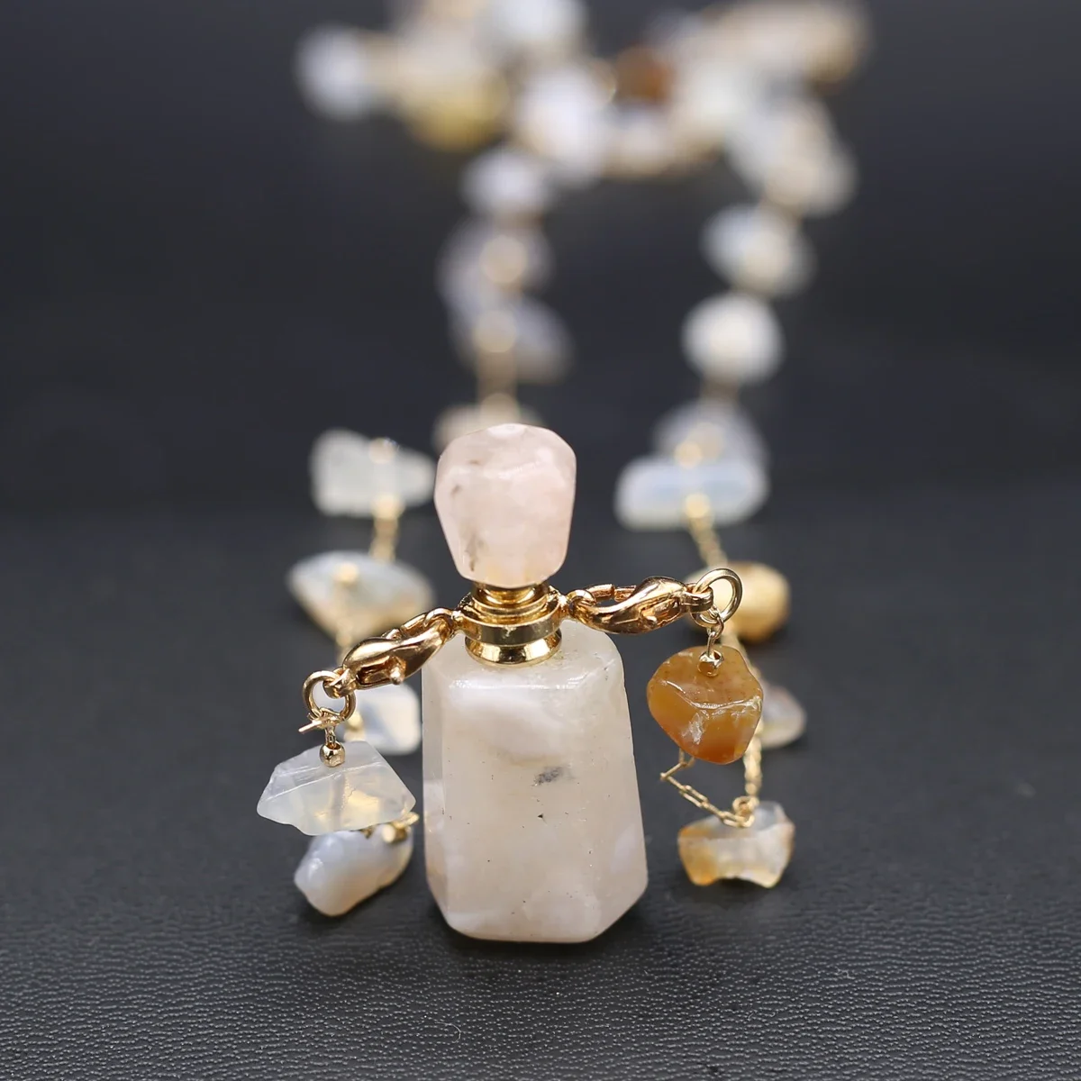 Natural Stone Cherry Flower Agate perfume Bottle Essential Oil Diffuser Pendant Necklace Gravel Chain Exquisite Gift for Women