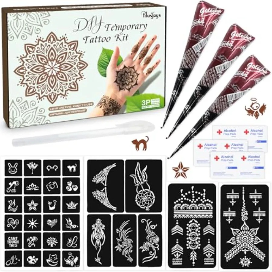 

Brown Temporary Tattoo Kit with 3pcs Brown Tattoo Cones 4 Reusable Templates 1Pcs Tattoo Outline Pen for Waterproof DIY Body Ar
