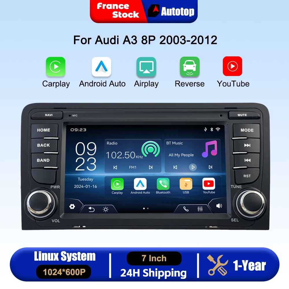 7 Inch Wireless CarPlay Android Auto Car Radio For Audi A3 8P 2003-2012 Multimedia Video Player Linux Touch Screen With Online YouTube Airplay Autolink Mirror Link WiFi Bluetooth GPS Navigation