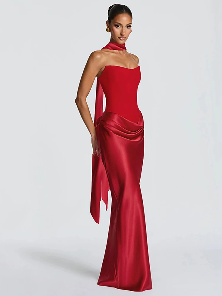 Elegant Off The Shoulder Prom Gowns Fashion Women's Satin Maxi Dress with Scarf Lady Sexy Bodyon Summer Evening Party Dress Long view 6