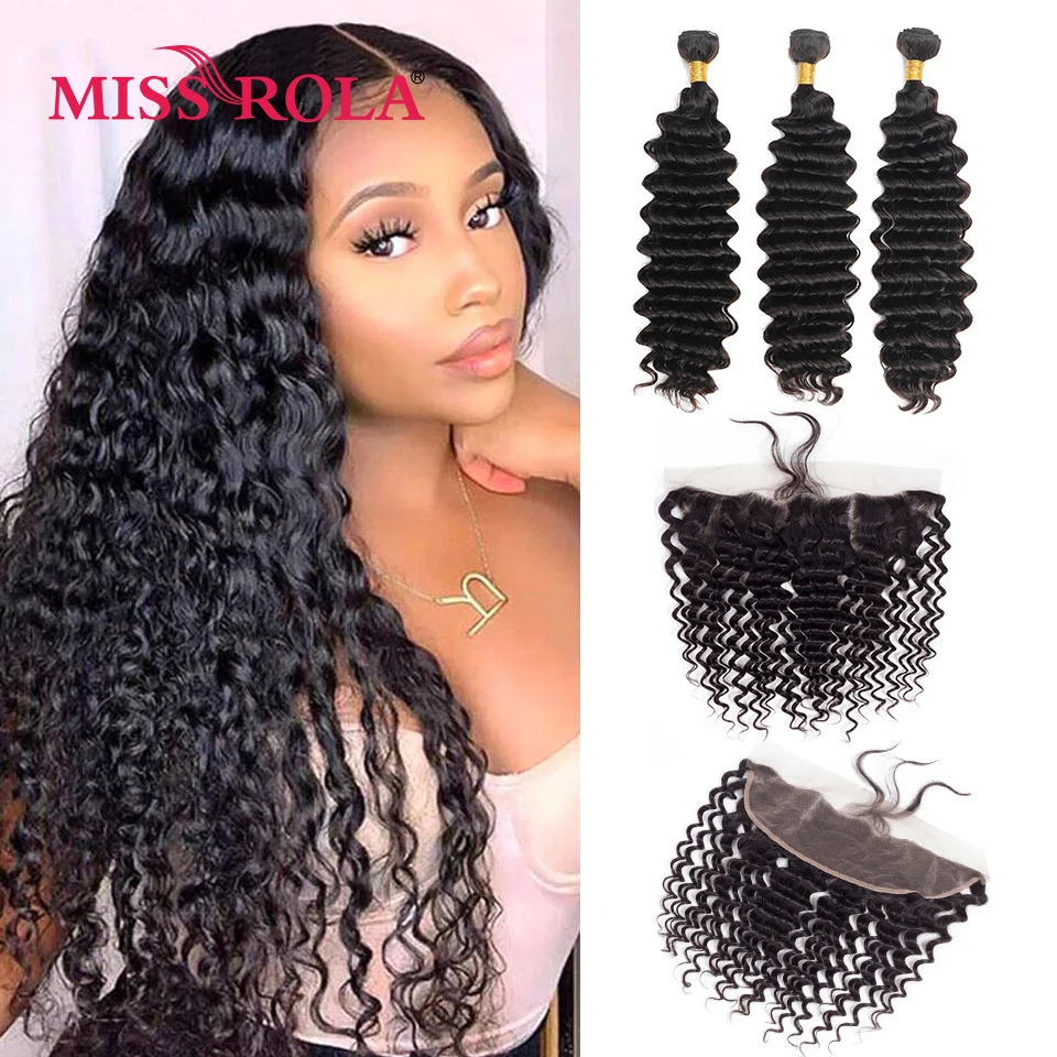 Miss Rola-Cabelo Remy Onda Profunda Brasileira, 3 Pacotes, 13x4 Lace Frontal Closure, 100% Cabelo Humano, Tecelagem, Cor Natural