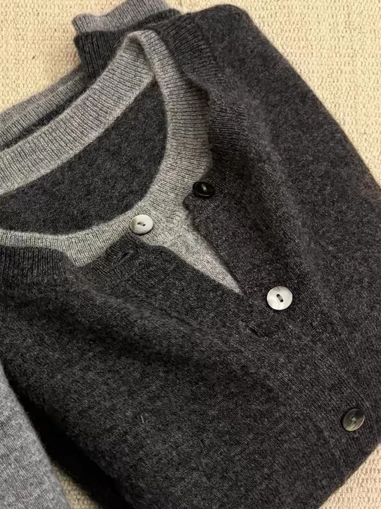 

Dark Grey V-Neck Cardigan with Light Grey Ribbed Trim White Button Detail Simple Everyday Knit Sweater