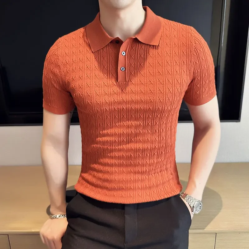 2024 Summer Jacquard Knitted Polo Shirt for Men Slim Fit Short Sleeve T-shirts Men Clothing Fashion Lapel Casual Business Tee