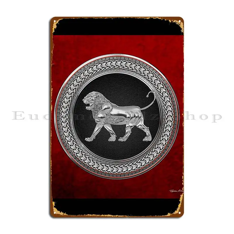 Silver Assyrian Lion On Black And Silver Medallion Metal Plaque Poster Create Iron Wall Decor Kitchen Create Tin Sign Poster