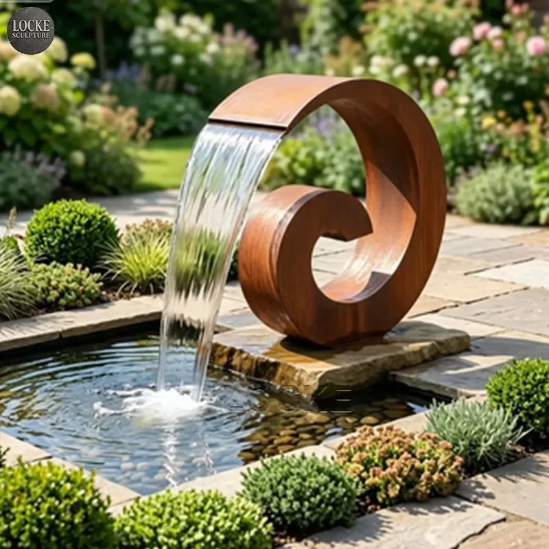 For Modern Abstract Popular Art Weather Resistant Steel Spiral Flowing Sculpture Fountain Can Be Customized
